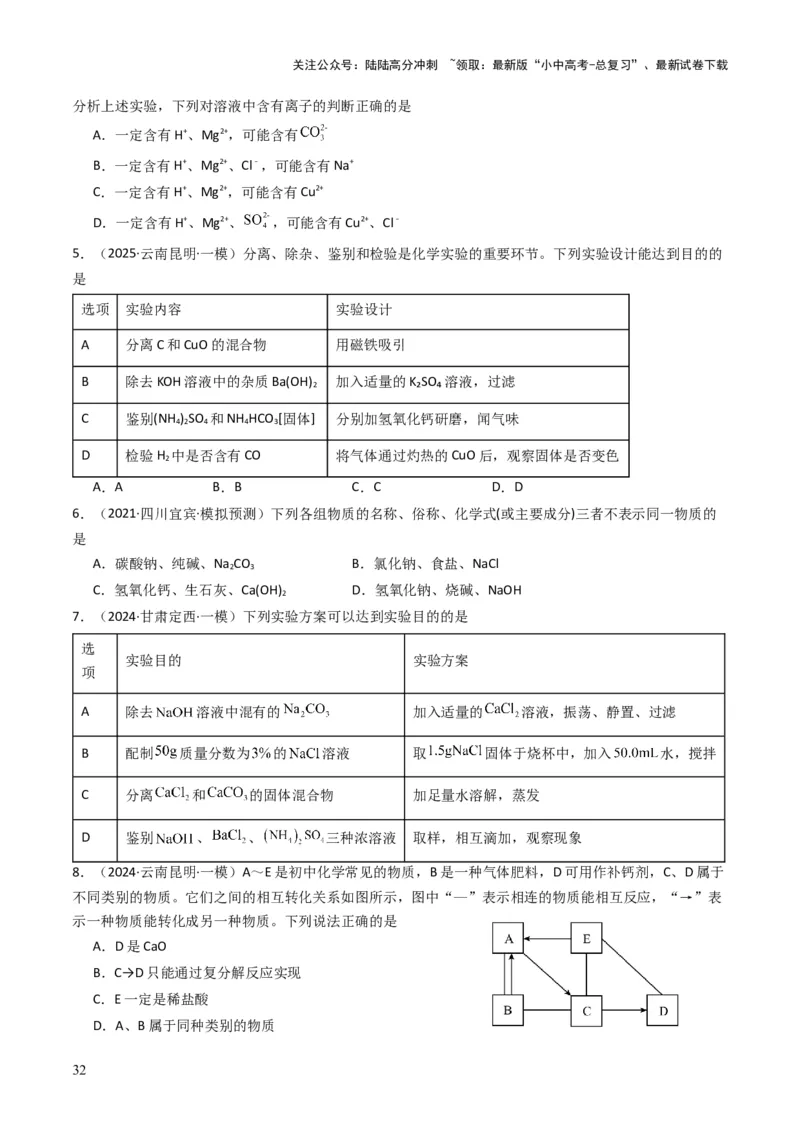 专题07常见的盐和化肥（原卷版）_02中考总复习（2026版更新中）_05-化学-中考总复习_2025年中考复习资料_备战2025年中考化学真题题源解密