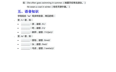 知识清单Unit6默写版_26春四年级上下册人教版_四上英语合集人教版PEP英语四年级上册新教材（教学视频+课件+动画+音频+练习+教案）_13知识清单（word）