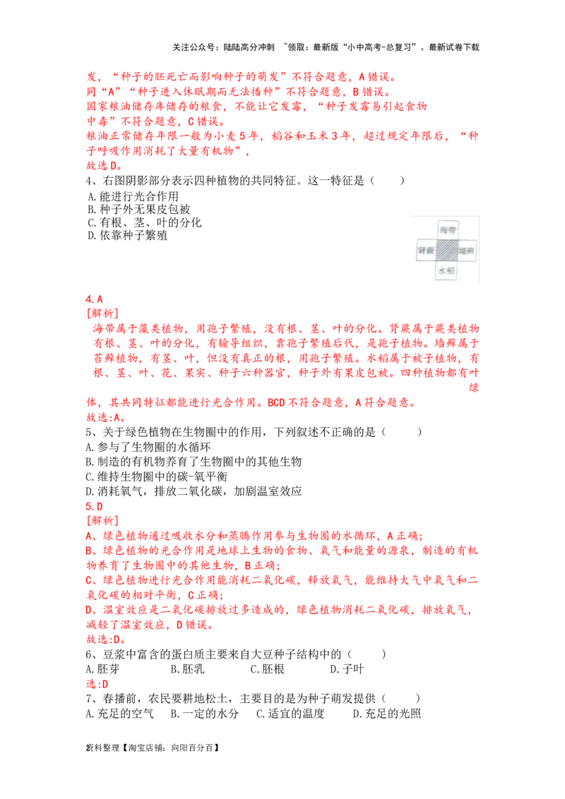 专题06生物圈中有哪些绿色植物及种子的萌发（解析版）_02中考总复习（2026版更新中）_08-生物-中考总复习_2024年中考复习资料_一轮复习_配套练习_教师版（含答案解析）