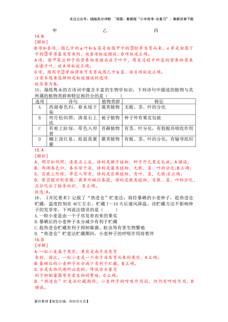 专题06生物圈中有哪些绿色植物及种子的萌发（解析版）_02中考总复习（2026版更新中）_08-生物-中考总复习_2024年中考复习资料_一轮复习_配套练习_教师版（含答案解析）