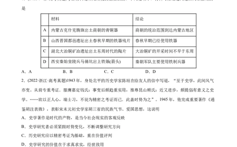 2022年高考历史真题与模拟题分专题训练专题15史学研究（学生版）_07高考历史_2024年新高考资料_3.2024专项复习_赠2022年高考历史真题与模拟题分专题训练