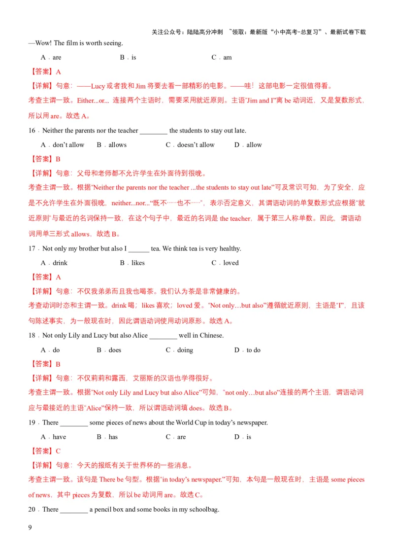 专题07主谓一致（讲练）（解析版）_02中考总复习（2026版更新中）_03-英语-中考总复习_2025中考复习资料_2025中考二轮课件ppt+讲义+练习英语_讲义+练习