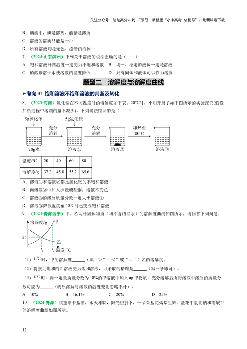 专题07溶液（讲义）（原卷版）_02中考总复习（2026版更新中）_05-化学-中考总复习_2025年中考复习资料_2025中考化学一轮复习讲义+课件_讲义_专题07溶液（讲义）