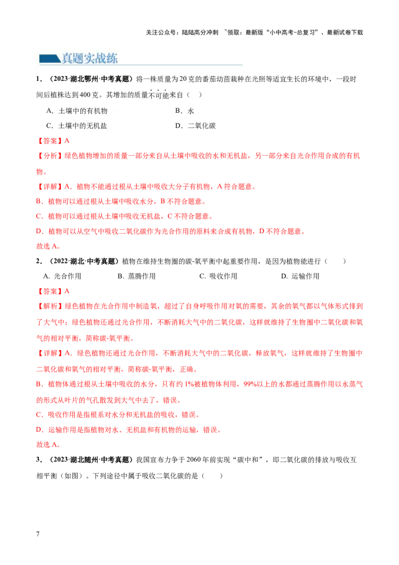 专题07绿色植物的光合作用（练习）（解析版）_02中考总复习（2026版更新中）_08-生物-中考总复习_2024年中考复习资料_一轮复习_❤2024年中考生物一轮复习讲练测（全国通用）_练习