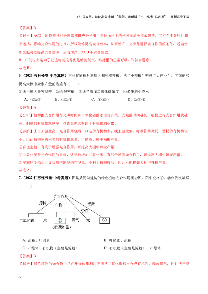 专题07绿色植物的光合作用（练习）（解析版）_02中考总复习（2026版更新中）_08-生物-中考总复习_2024年中考复习资料_一轮复习_❤2024年中考生物一轮复习讲练测（全国通用）_练习