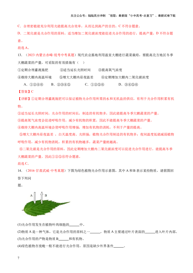 专题07绿色植物的光合作用（解析版）_02中考总复习（2026版更新中）_08-生物-中考总复习_2024年中考复习资料_一轮复习_❤备战2024年中考生物一轮复习考点帮（全国通用）_练习