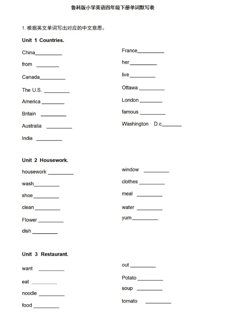 鲁科版英语四年级下册单词默写表_26春四年级上下册人教版_四上英语合集人教版PEP英语四年级上册新教材（教学视频+课件+动画+音频+练习+教案）_17练习资料_《小学英语单词默写表》