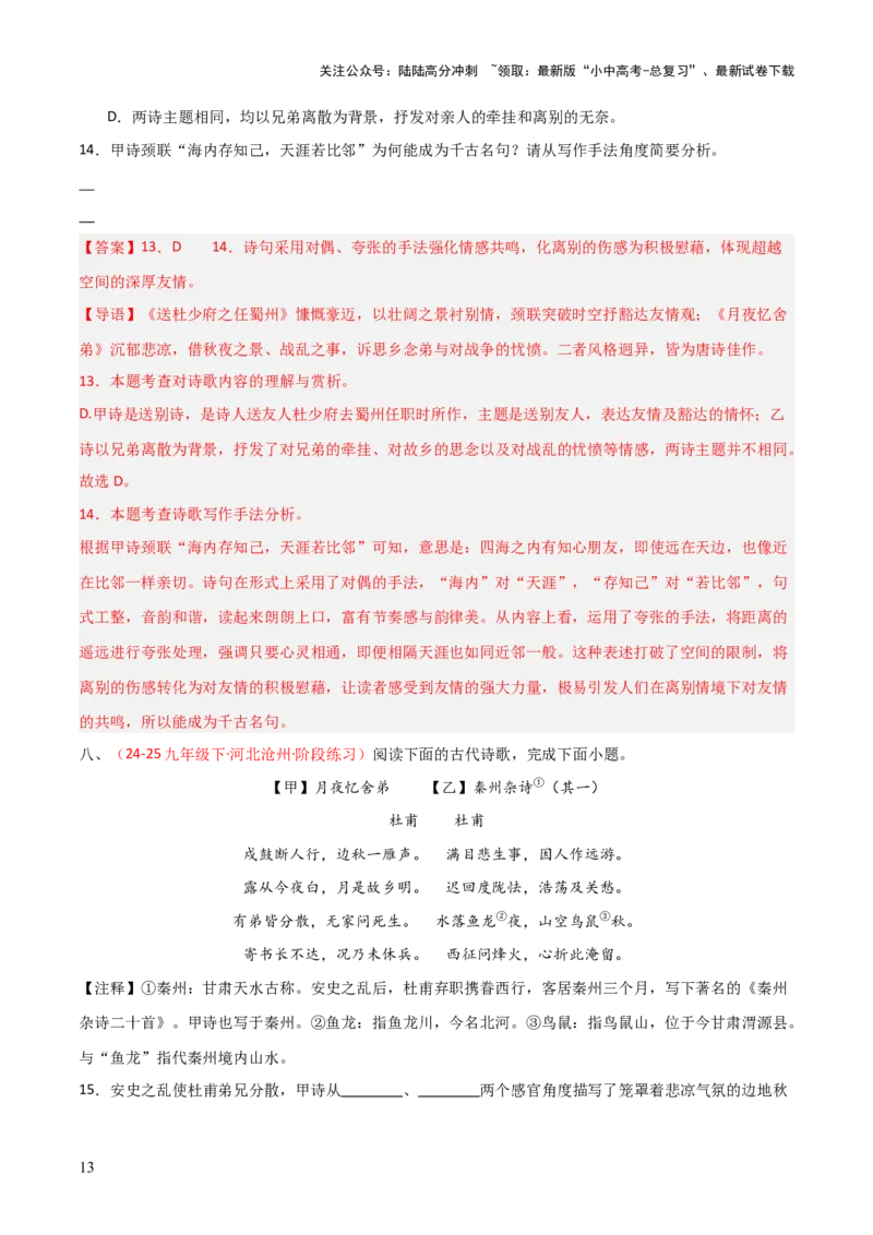 专题20：九上古诗词+古诗词阅读精练（练习）解析版_02中考总复习（2026版更新中）_01-语文-中考总复习_2026年中考复习（更新中）