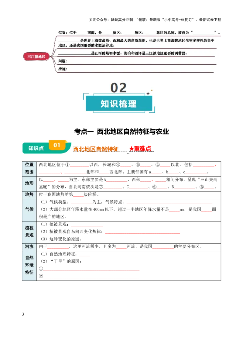 专题15西北地区和青藏地区-2025年中考地理知识点梳理（挖空版）_02中考总复习（2026版更新中）_09-地理-中考总复习_2025中考地理复习资料_2025年中考地理知识点_挖空版+背诵版