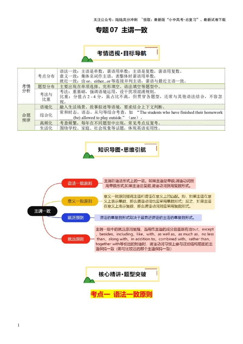 专题07主谓一致（讲练）（原卷版）_02中考总复习（2026版更新中）_03-英语-中考总复习_2025中考复习资料_2025中考二轮课件ppt+讲义+练习英语_讲义+练习