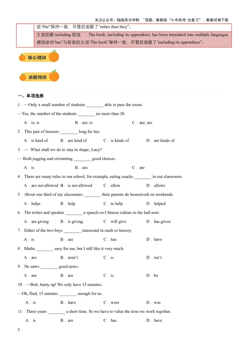 专题07主谓一致（讲练）（原卷版）_02中考总复习（2026版更新中）_03-英语-中考总复习_2025中考复习资料_2025中考二轮课件ppt+讲义+练习英语_讲义+练习