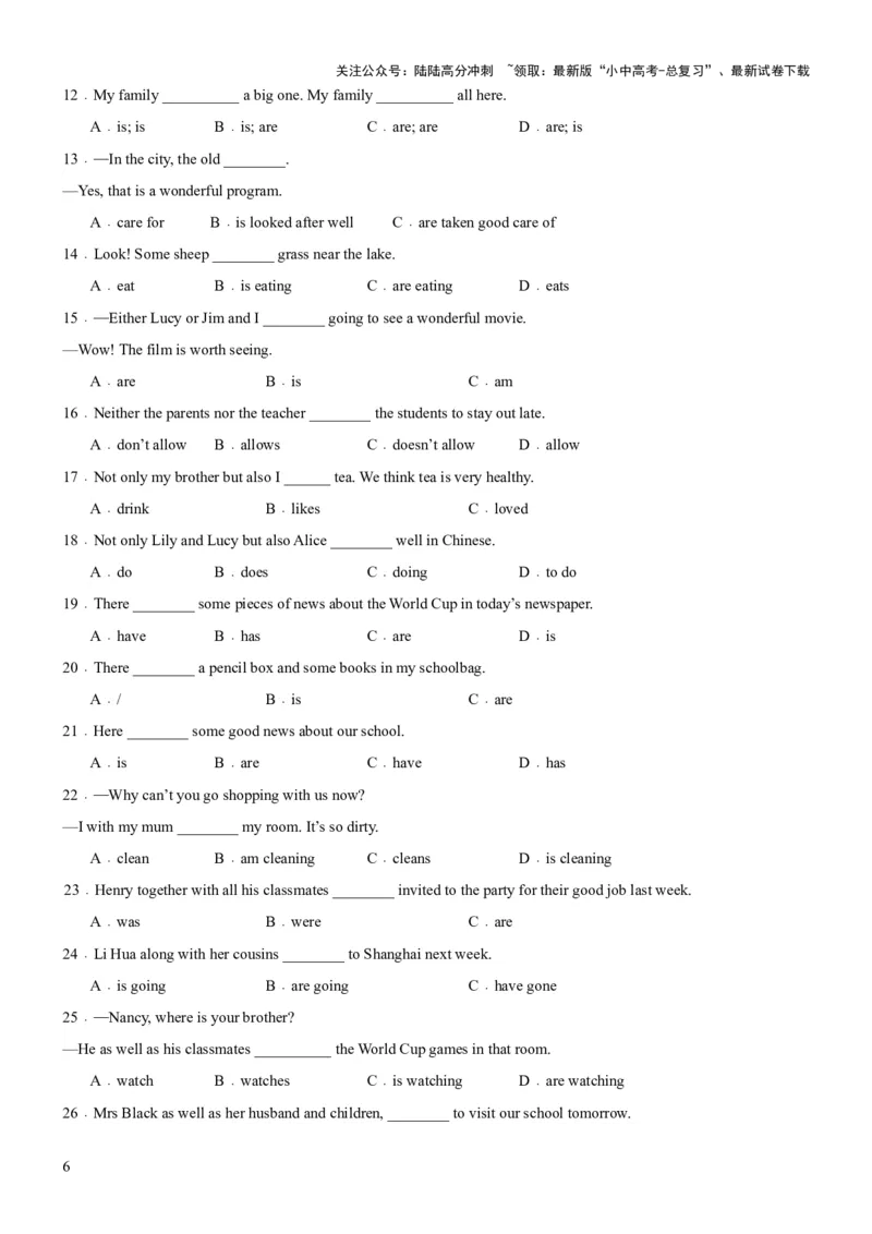 专题07主谓一致（讲练）（原卷版）_02中考总复习（2026版更新中）_03-英语-中考总复习_2025中考复习资料_2025中考二轮课件ppt+讲义+练习英语_讲义+练习