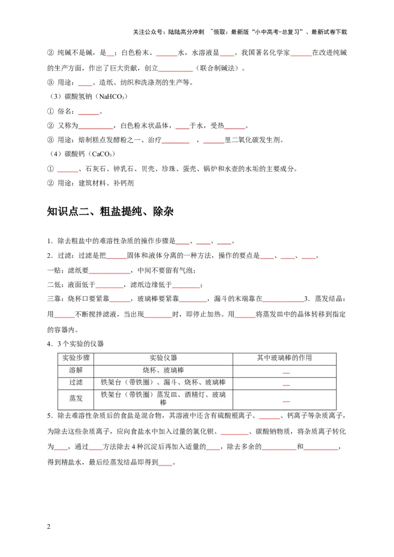 专题12盐和化肥（原卷版）_02中考总复习（2026版更新中）_05-化学-中考总复习_2024年中考复习资料_专项复习资料_2024年中考化学复习考点一遍过（全国通用）