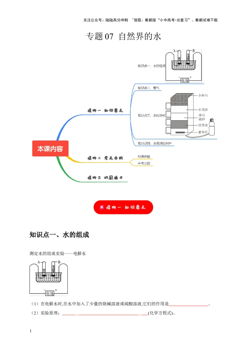专题07自然界的水（原卷版）_02中考总复习（2026版更新中）_05-化学-中考总复习_2024年中考复习资料_专项复习资料_2024年中考化学复习考点一遍过（全国通用）