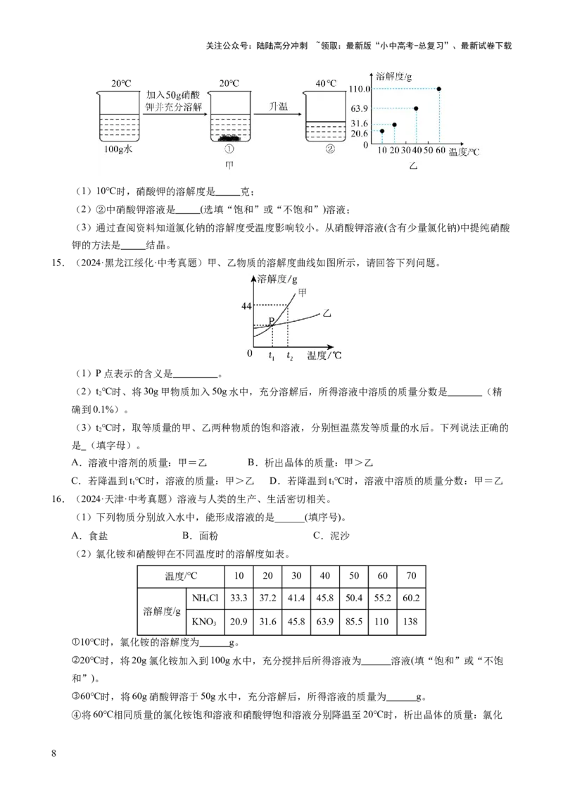专题07溶液（练习）（原卷版）_02中考总复习（2026版更新中）_05-化学-中考总复习_2025年中考复习资料_2025中考化学一轮复习讲义+课件_练习_专题07溶液（练习）