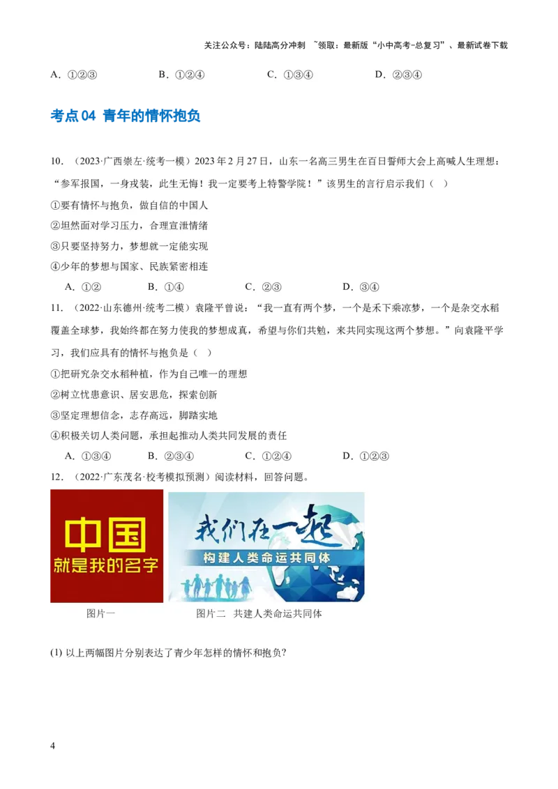 专题07走向未来的少年（练习）（原卷版）_02中考总复习（2026版更新中）_07-道法-中考总复习_2024年中考复习资料_一轮复习_2024年中考道德与法治一轮复习讲练测（全国通用）