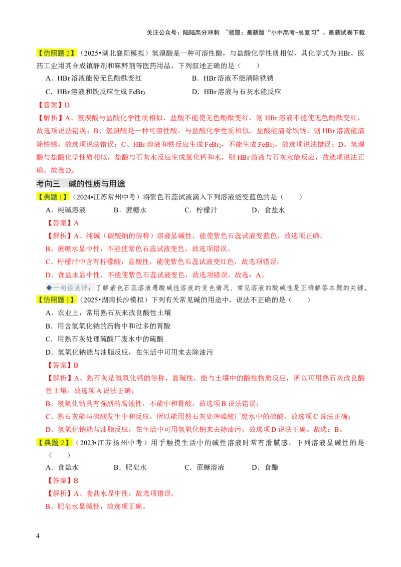 专题06常见的酸和碱（解析版）_02中考总复习（2026版更新中）_05-化学-中考总复习_2026年中考复习（更新中）_备战2026年中考化学真题题源解密
