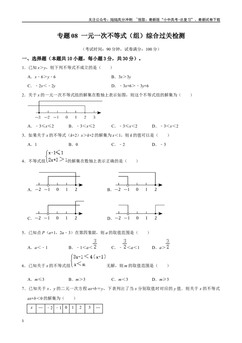 专题08一元一次不等式（组）综合过关检测-备战2024年中考数学一轮复习考点帮（全国通用）（考试版）_02中考总复习（2026版更新中）_02-数学-中考总复习_2024年中考复习资料_一轮复习资料