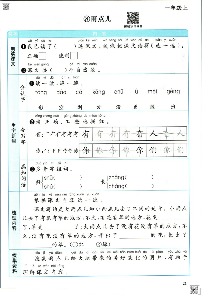 阳光同学一年级上册语文人教版预习单h_26春四年级上下册人教版_四上英语合集人教版PEP英语四年级上册新教材（教学视频+课件+动画+音频+练习+教案）_17练习资料_《预习卡》_1-6上册