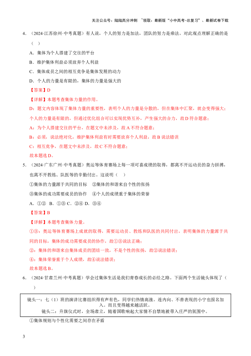 专题07在集体中成长（解析版）_02中考总复习（2026版更新中）_07-道法-中考总复习_2026年中考复习（更新中）_好题汇编三年（2023-2025）中考道德与法治真题分类汇编（全国通用）