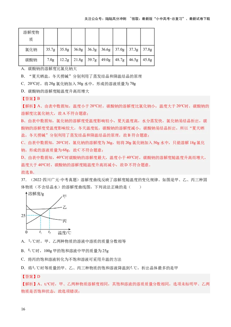 专题06溶液（解析版）-好题汇编三年（2022-2024）中考化学真题分类汇编（全国通用）_02中考总复习（2026版更新中）_05-化学-中考总复习_2025年中考复习资料