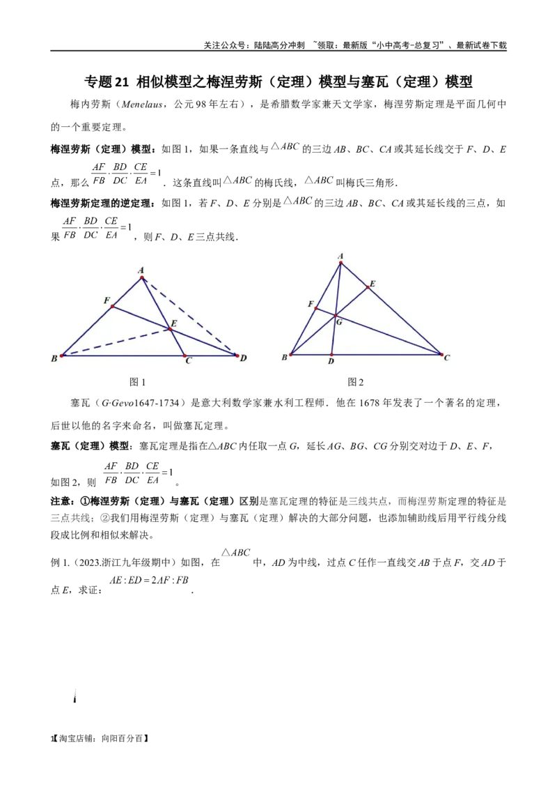 专题21相似模型之梅涅劳斯（定理）模型与塞瓦（定理）模型（解析版）_02中考总复习（2026版更新中）_02-数学-中考总复习_2024年中考复习资料_专项复习资料_答案解析版