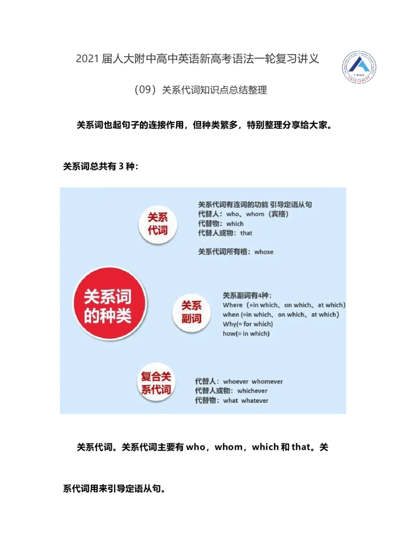 2021届人大附中高中英语新高考语法一轮复习讲义（09）关系代词知识点总结整理_03高考英语_新高考复习资料_2022年新高考资料_2022年新高考英语一轮复习