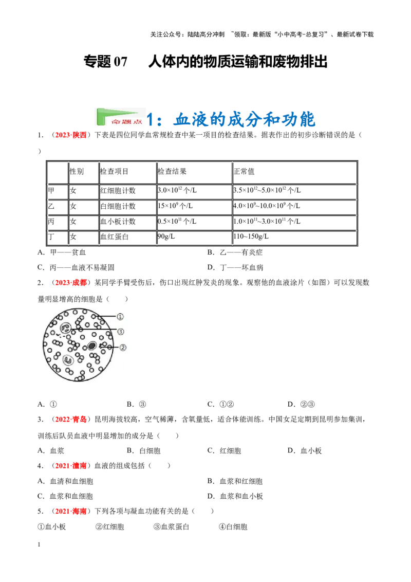 专题07&nbsp;人体内的物质运输和废物排出（原卷版）_02中考总复习（2026版更新中）_08-生物-中考总复习_2024年中考复习资料_专项复习_完三年（2021-2023）中考生物真题分项汇编（全国通用）