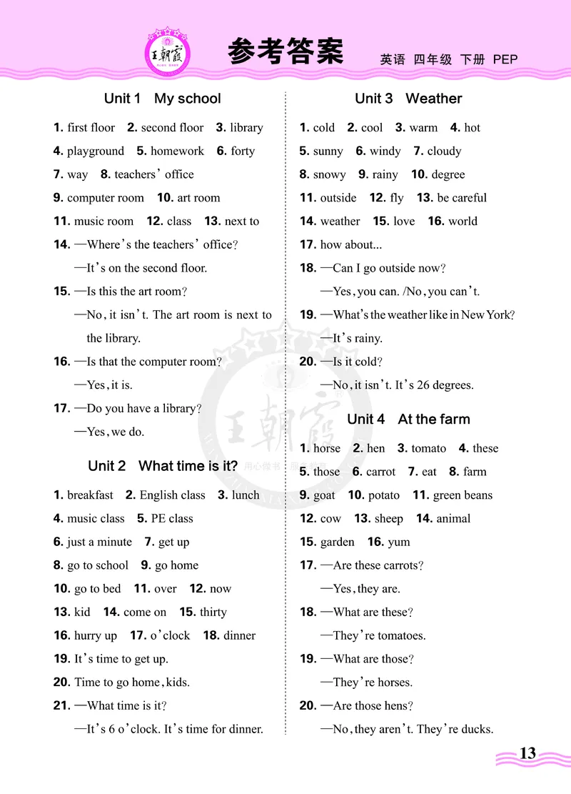 王朝霞重点词句默写训练4B_26春四年级上下册人教版_四上英语合集人教版PEP英语四年级上册新教材（教学视频+课件+动画+音频+练习+教案）_17练习资料_小学英语（预习复习资料大礼包）