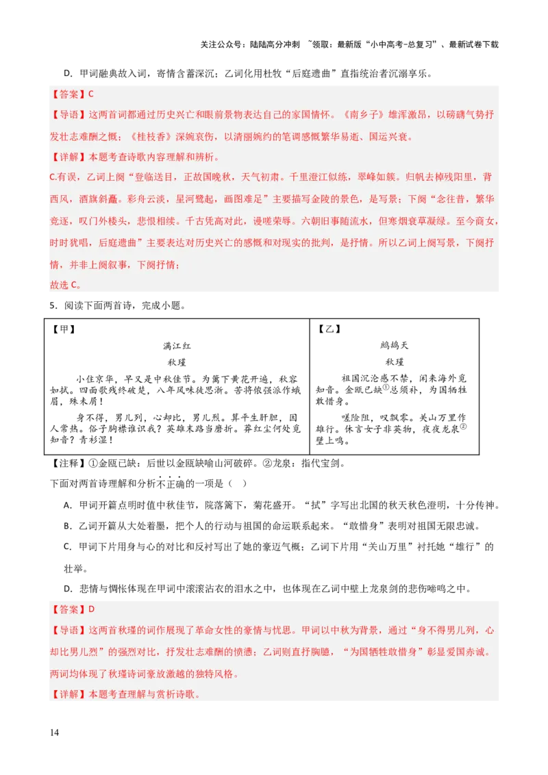 专题06：古诗词鉴赏之理解内容(练习）解析版_02中考总复习（2026版更新中）_01-语文-中考总复习_2026年中考复习（更新中）