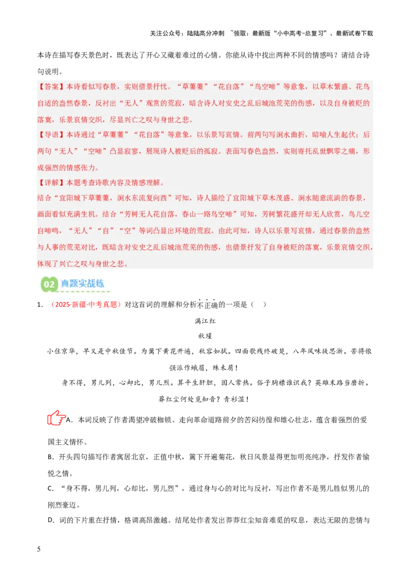专题06：古诗词鉴赏之理解内容(练习）解析版_02中考总复习（2026版更新中）_01-语文-中考总复习_2026年中考复习（更新中）