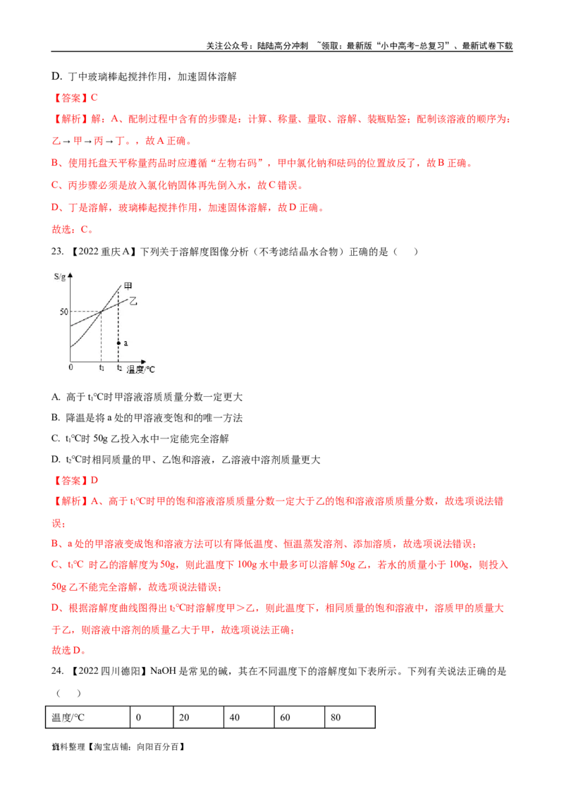 专题06溶液（解析版）_02中考总复习（2026版更新中）_05-化学-中考总复习_2024年中考复习资料_专项复习资料_完三年（2021-2023）中考化学真题分项汇编（全国通用）
