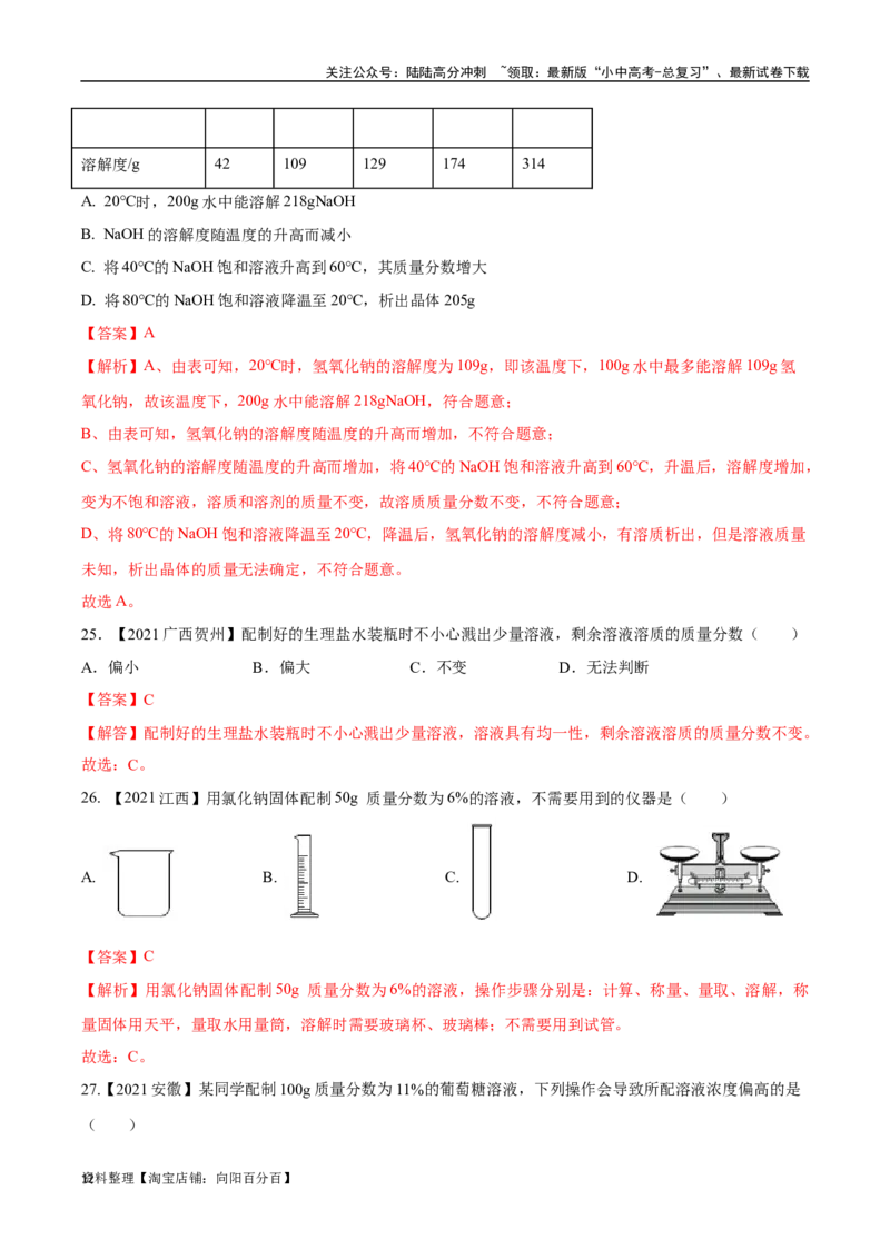 专题06溶液（解析版）_02中考总复习（2026版更新中）_05-化学-中考总复习_2024年中考复习资料_专项复习资料_完三年（2021-2023）中考化学真题分项汇编（全国通用）