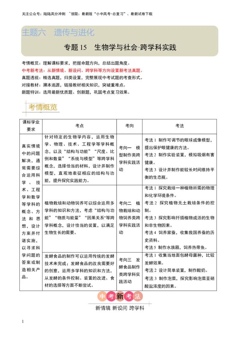 专题15生物学与社会&middot;跨学科实践（原卷版）_02中考总复习（2026版更新中）_08-生物-中考总复习_2024年中考复习资料_专项复习_备战2024年中考生物真题题源解密