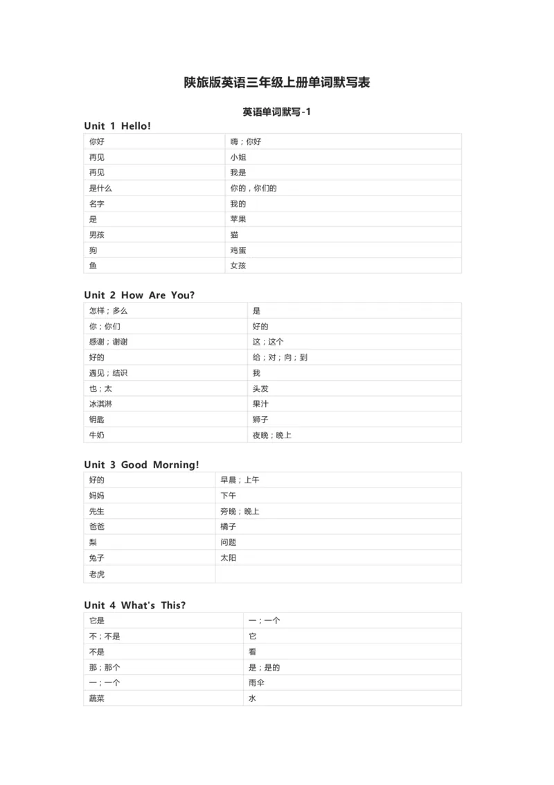 陕旅版英语三年级上册单词默写表_26春四年级上下册人教版_四上英语合集人教版PEP英语四年级上册新教材（教学视频+课件+动画+音频+练习+教案）_17练习资料_《小学英语单词默写表》