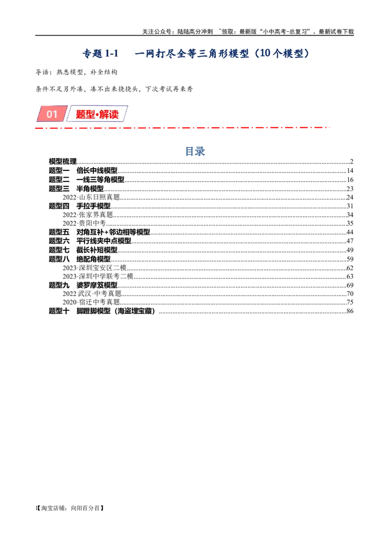 专题1-1一网打尽全等三角形模型&middot;十个模型（解析版）_02中考总复习（2026版更新中）_02-数学-中考总复习_2024年中考复习资料_专项复习资料_教师版（含答案解析）