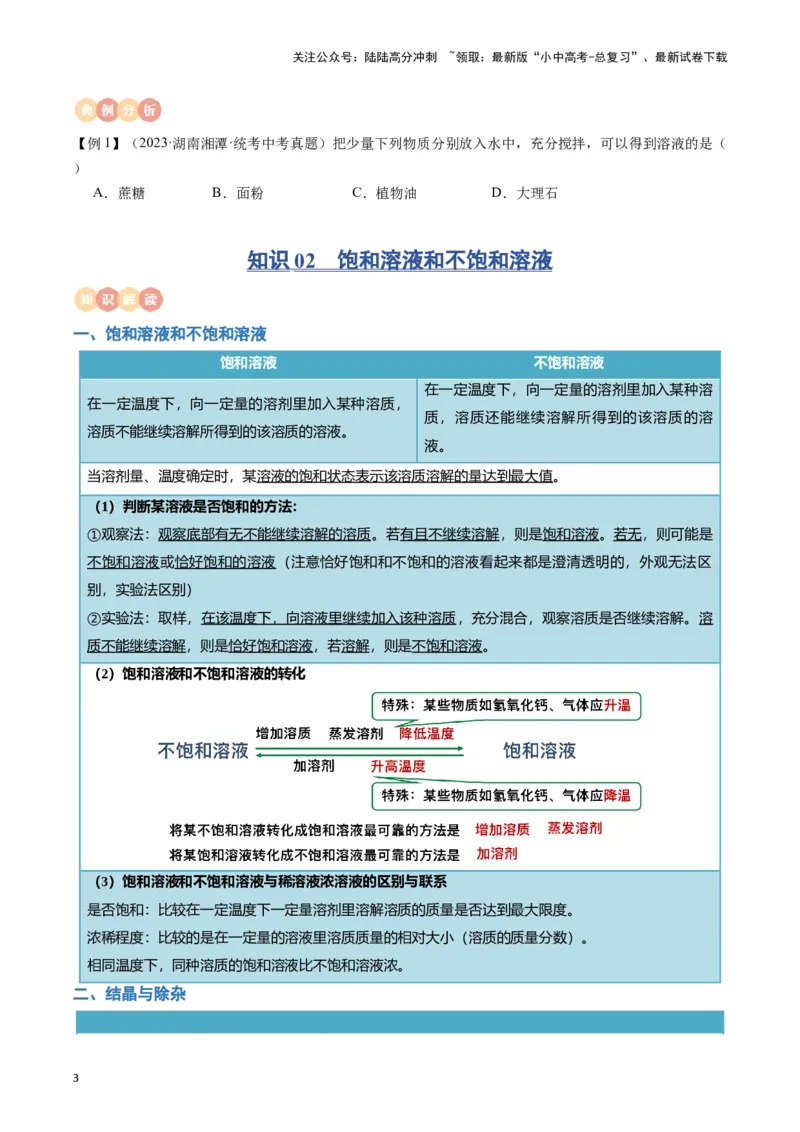 专题06溶液（原卷版）_02中考总复习（2026版更新中）_05-化学-中考总复习_2024年中考复习资料_一轮复习资料_完口袋书2024年中考化学一轮复习知识清单