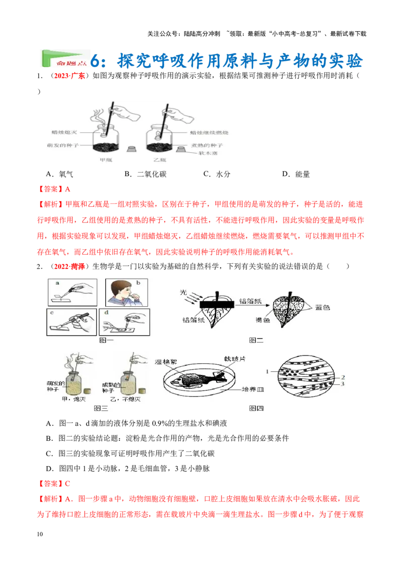 专题16&nbsp;实验（解析版）_02中考总复习（2026版更新中）_08-生物-中考总复习_2024年中考复习资料_专项复习_完三年（2021-2023）中考生物真题分项汇编（全国通用）_答案解析版