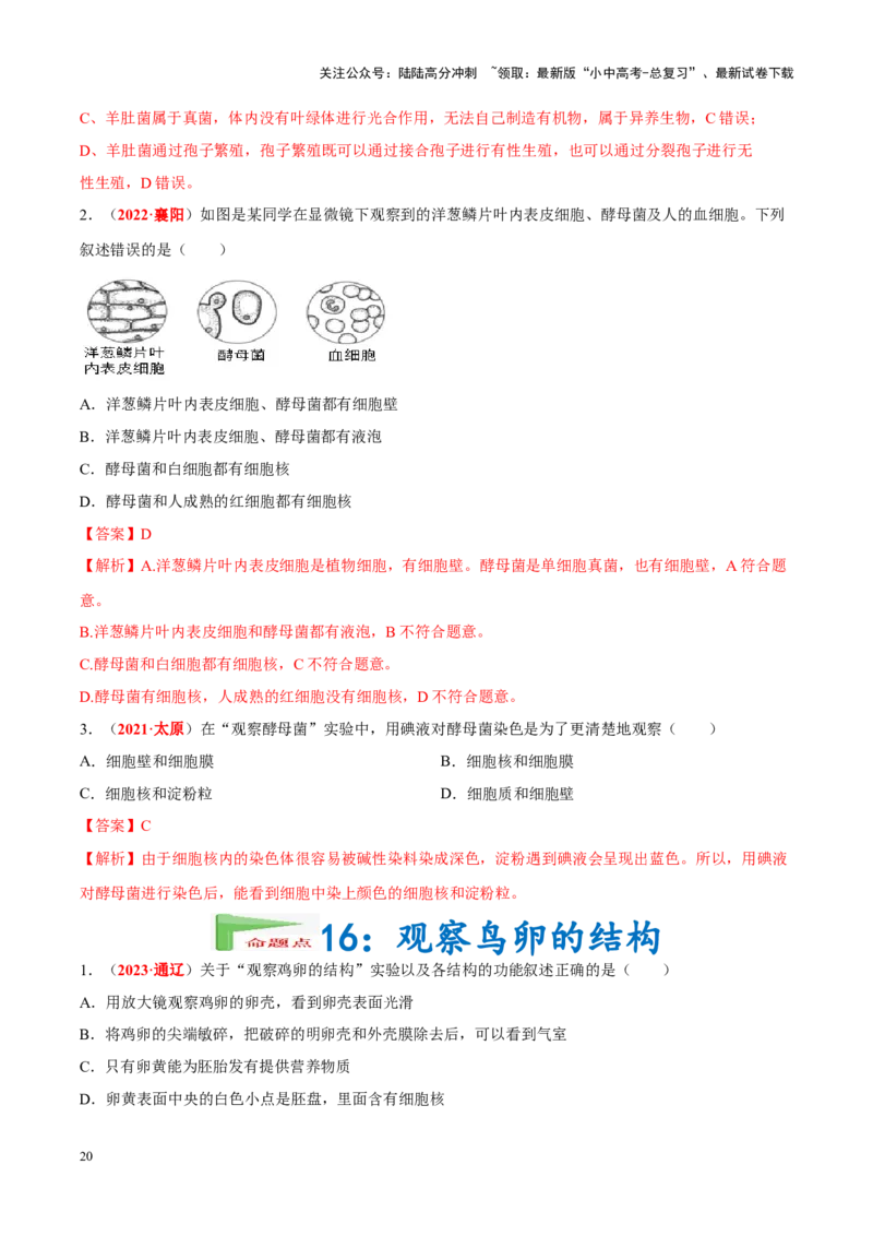 专题16&nbsp;实验（解析版）_02中考总复习（2026版更新中）_08-生物-中考总复习_2024年中考复习资料_专项复习_完三年（2021-2023）中考生物真题分项汇编（全国通用）_答案解析版