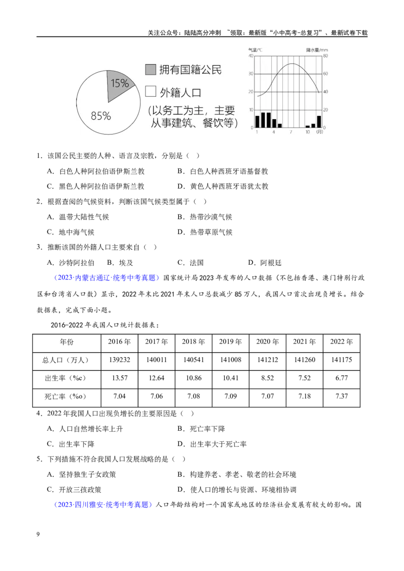 专题06居民与聚落（梯级进阶练）（原卷版）_02中考总复习（2026版更新中）_09-地理-中考总复习_2024年中考复习资料_一轮复习_❤2024年中考地理一轮复习讲练测（全国通用）_配套练习