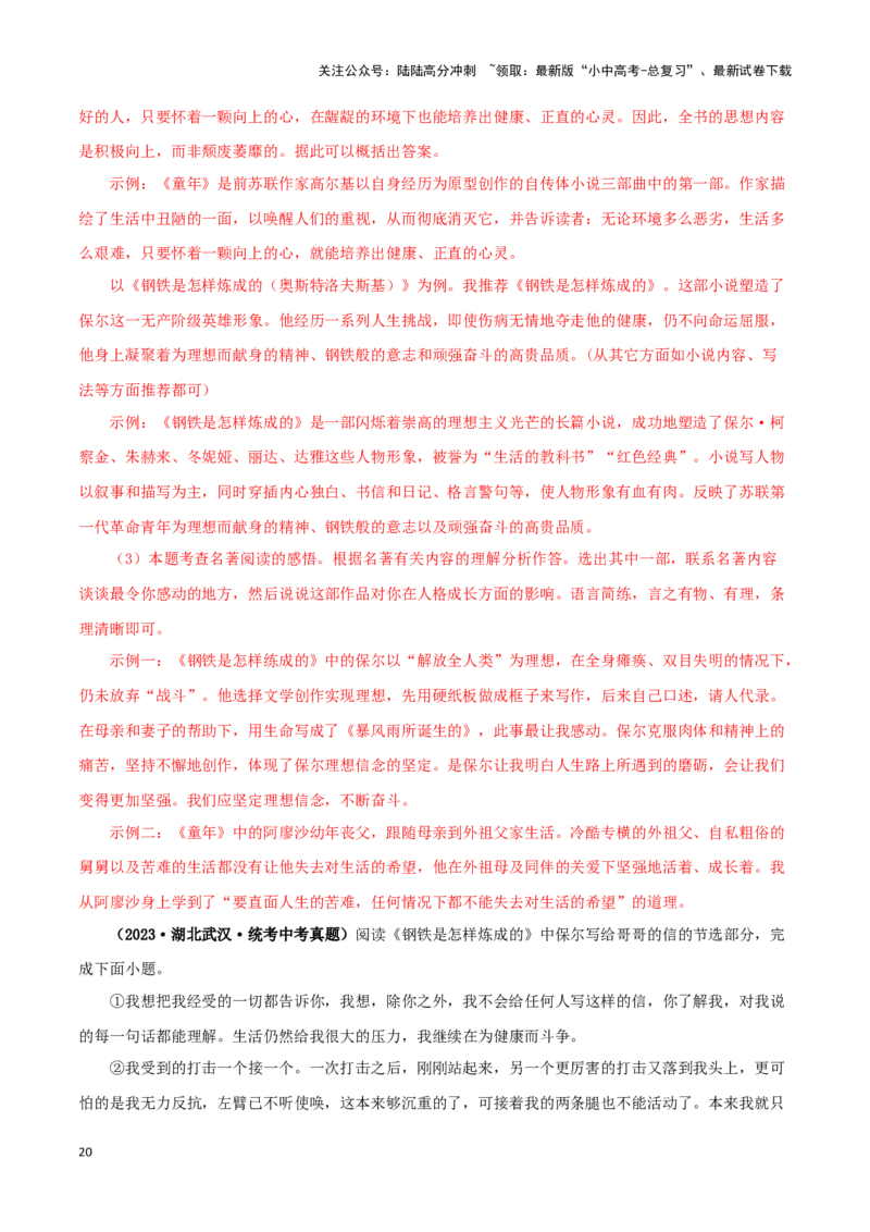 专题08《钢铁是怎样炼成的》真题精练（单一题）（解析版）－备战2024年中考语文名著阅读知识（考点）梳理+真题演练_02中考总复习（2026版更新中）_01-语文-中考总复习_2024年中考资料