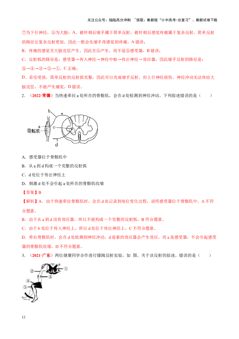 专题08&nbsp;人体生命活动的调节（解析版）_02中考总复习（2026版更新中）_08-生物-中考总复习_2024年中考复习资料_专项复习_完三年（2021-2023）中考生物真题分项汇编（全国通用）
