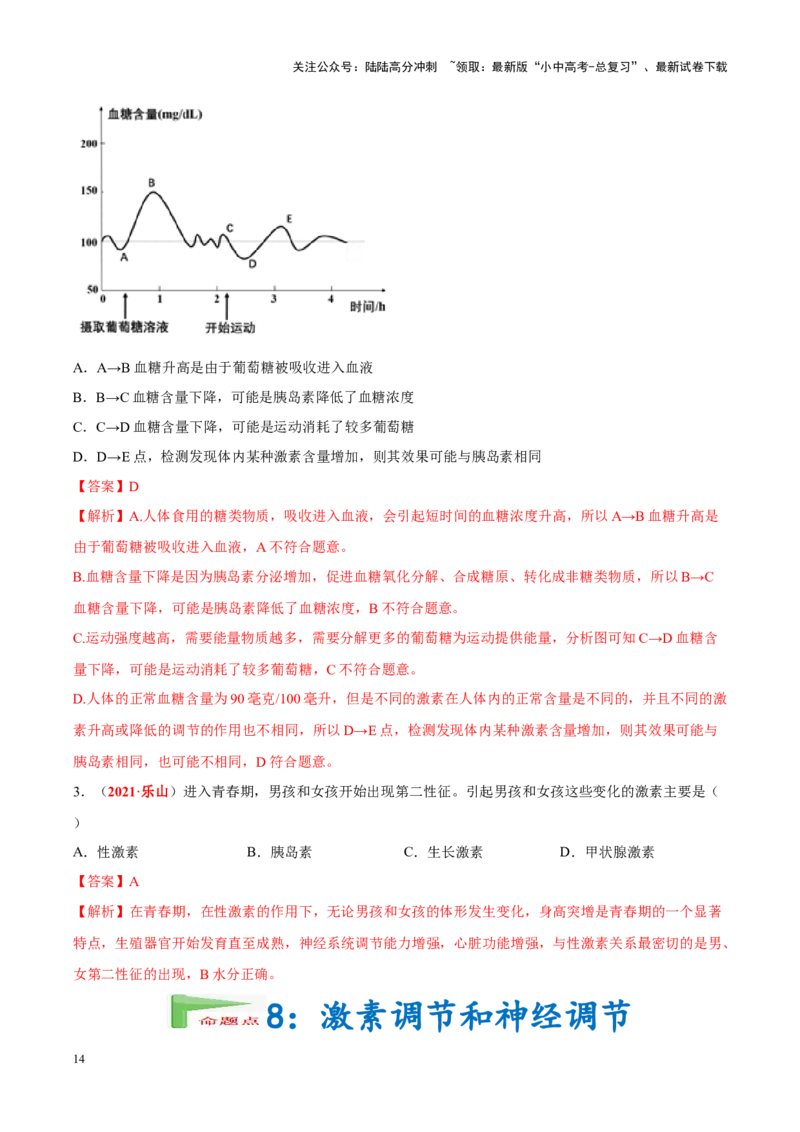 专题08&nbsp;人体生命活动的调节（解析版）_02中考总复习（2026版更新中）_08-生物-中考总复习_2024年中考复习资料_专项复习_完三年（2021-2023）中考生物真题分项汇编（全国通用）
