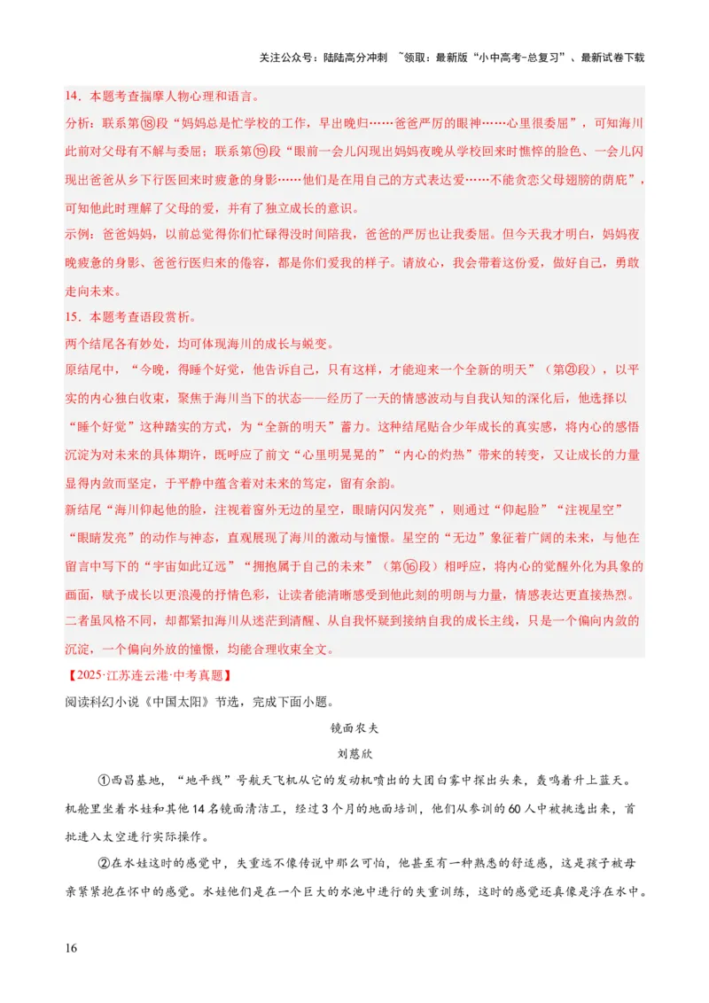 专题17小说阅读（一）（全国通用）（解析版）_02中考总复习（2026版更新中）_01-语文-中考总复习_2026年中考复习（更新中）