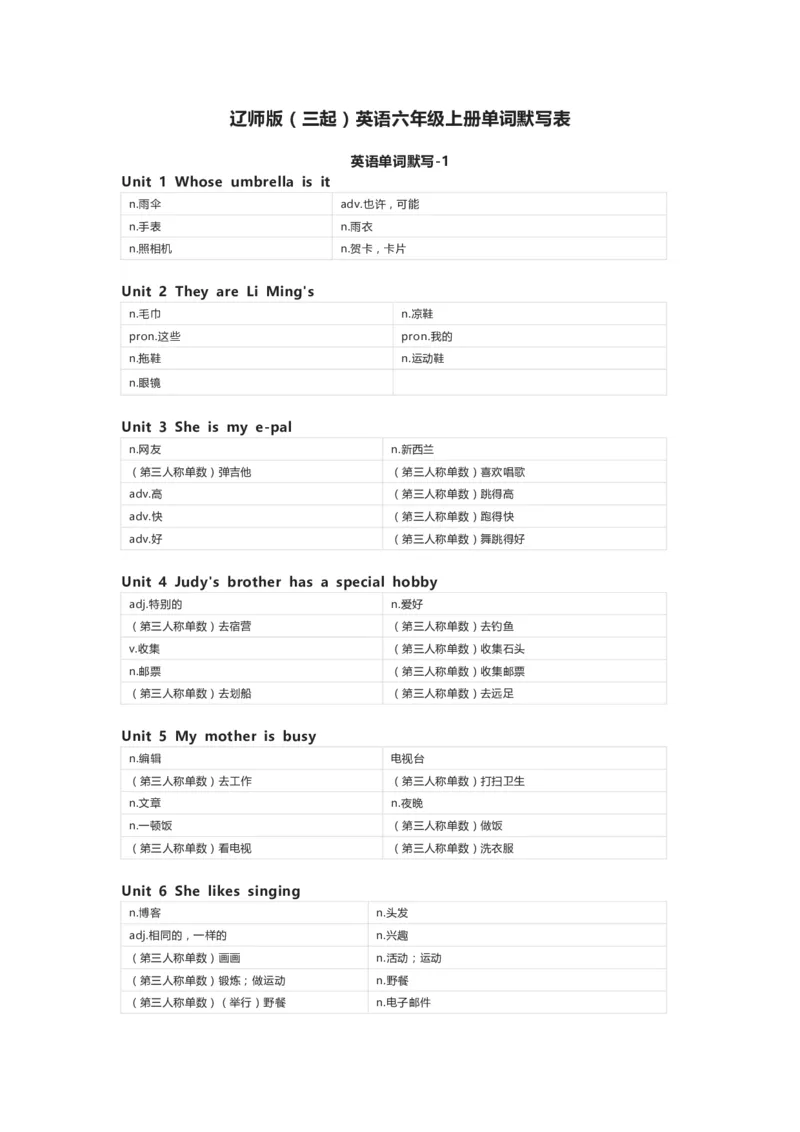 辽师版（三起）英语六年级上册单词默写表_26春四年级上下册人教版_四上英语合集人教版PEP英语四年级上册新教材（教学视频+课件+动画+音频+练习+教案）_17练习资料_辽师版（三起）