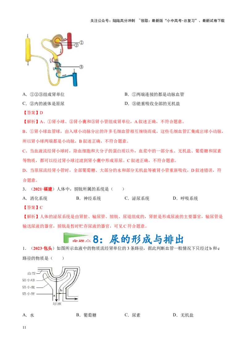 专题07&nbsp;人体内的物质运输和废物排出（解析版）_02中考总复习（2026版更新中）_08-生物-中考总复习_2024年中考复习资料_专项复习_完三年（2021-2023）中考生物真题分项汇编（全国通用）