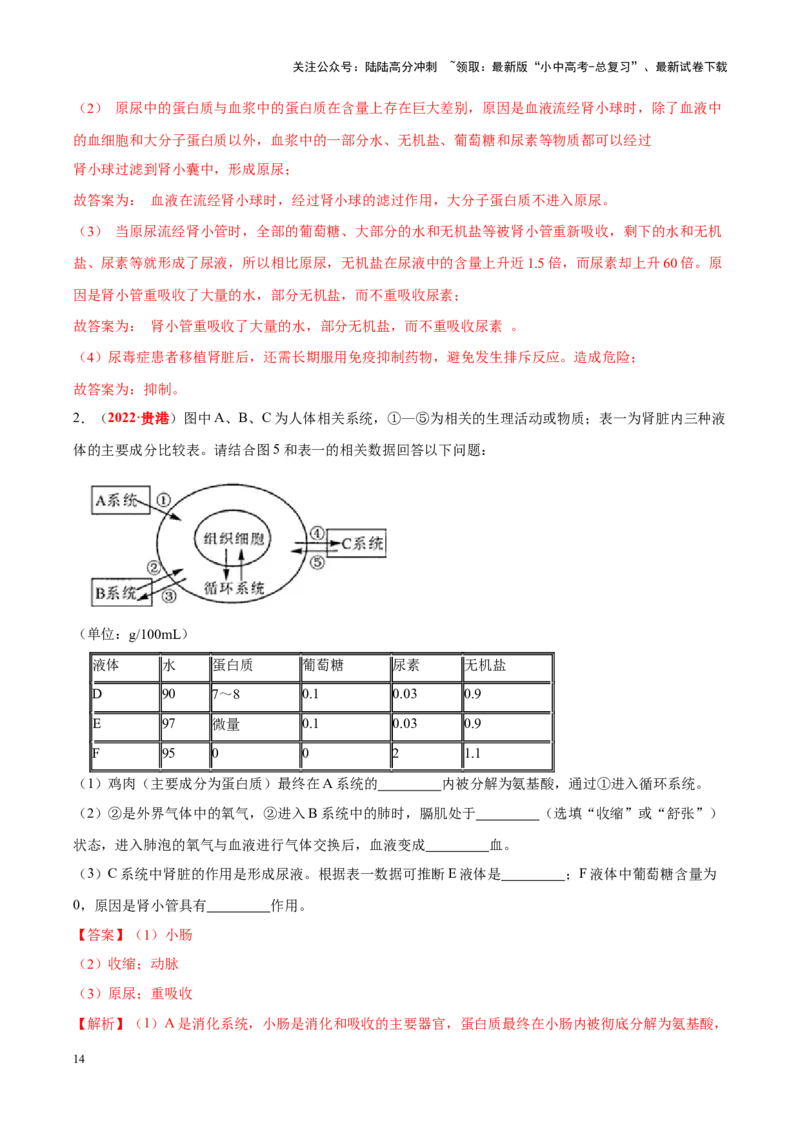 专题07&nbsp;人体内的物质运输和废物排出（解析版）_02中考总复习（2026版更新中）_08-生物-中考总复习_2024年中考复习资料_专项复习_完三年（2021-2023）中考生物真题分项汇编（全国通用）