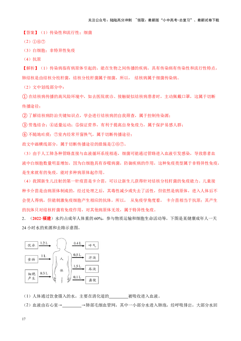 专题07&nbsp;人体内的物质运输和废物排出（解析版）_02中考总复习（2026版更新中）_08-生物-中考总复习_2024年中考复习资料_专项复习_完三年（2021-2023）中考生物真题分项汇编（全国通用）