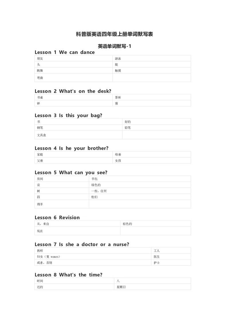科普版英语四年级上册单词默写表_26春四年级上下册人教版_四上英语合集人教版PEP英语四年级上册新教材（教学视频+课件+动画+音频+练习+教案）_17练习资料_《小学英语单词默写表》