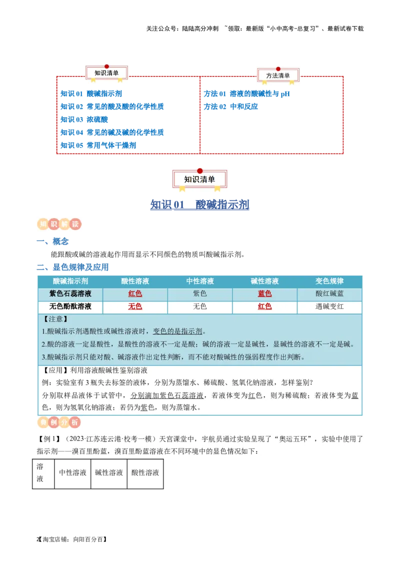 专题07常见的酸和碱（解析版）_02中考总复习（2026版更新中）_05-化学-中考总复习_2024年中考复习资料_一轮复习资料_完口袋书2024年中考化学一轮复习知识清单